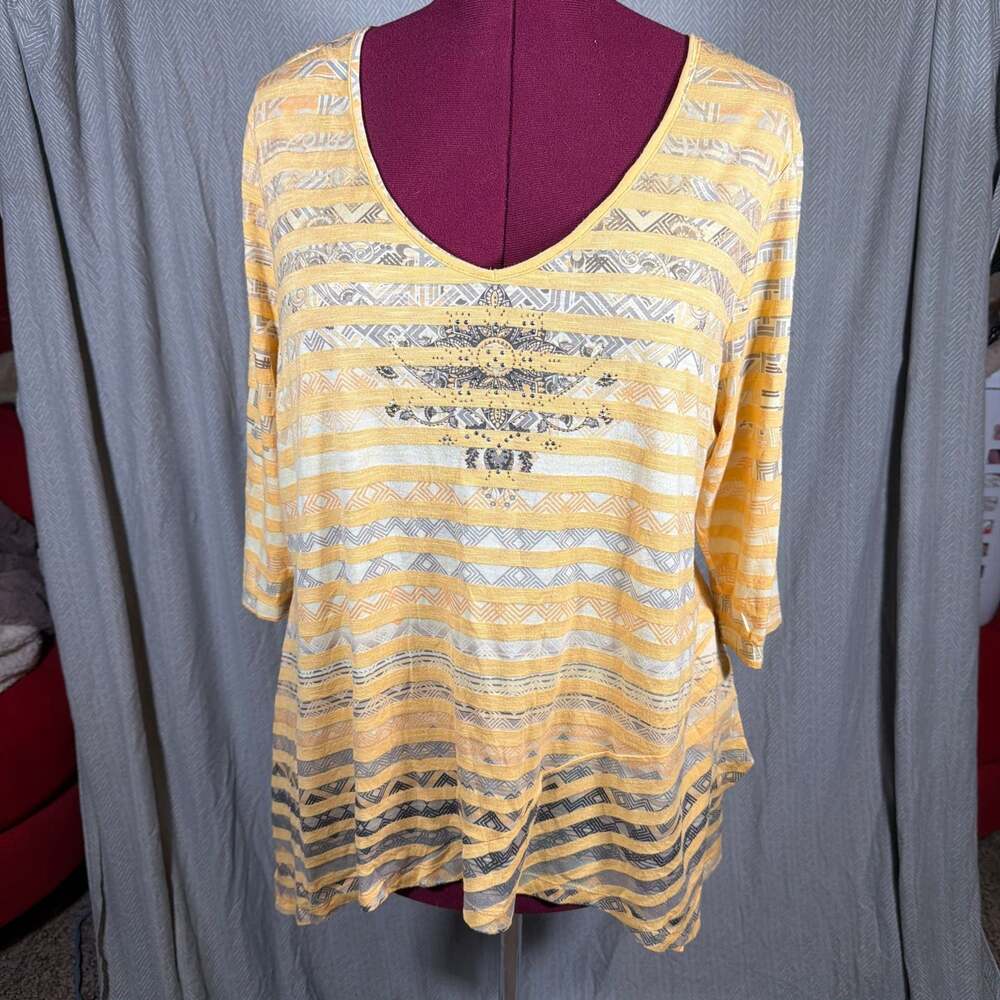 One World Women's Plus 2X Yellow Striped Medallion Print V-Neck Hi-Lo Tunic Top